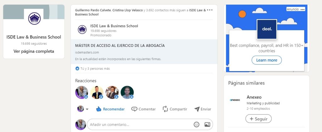 ejemplo anuncio Linkedin del master de ISDE